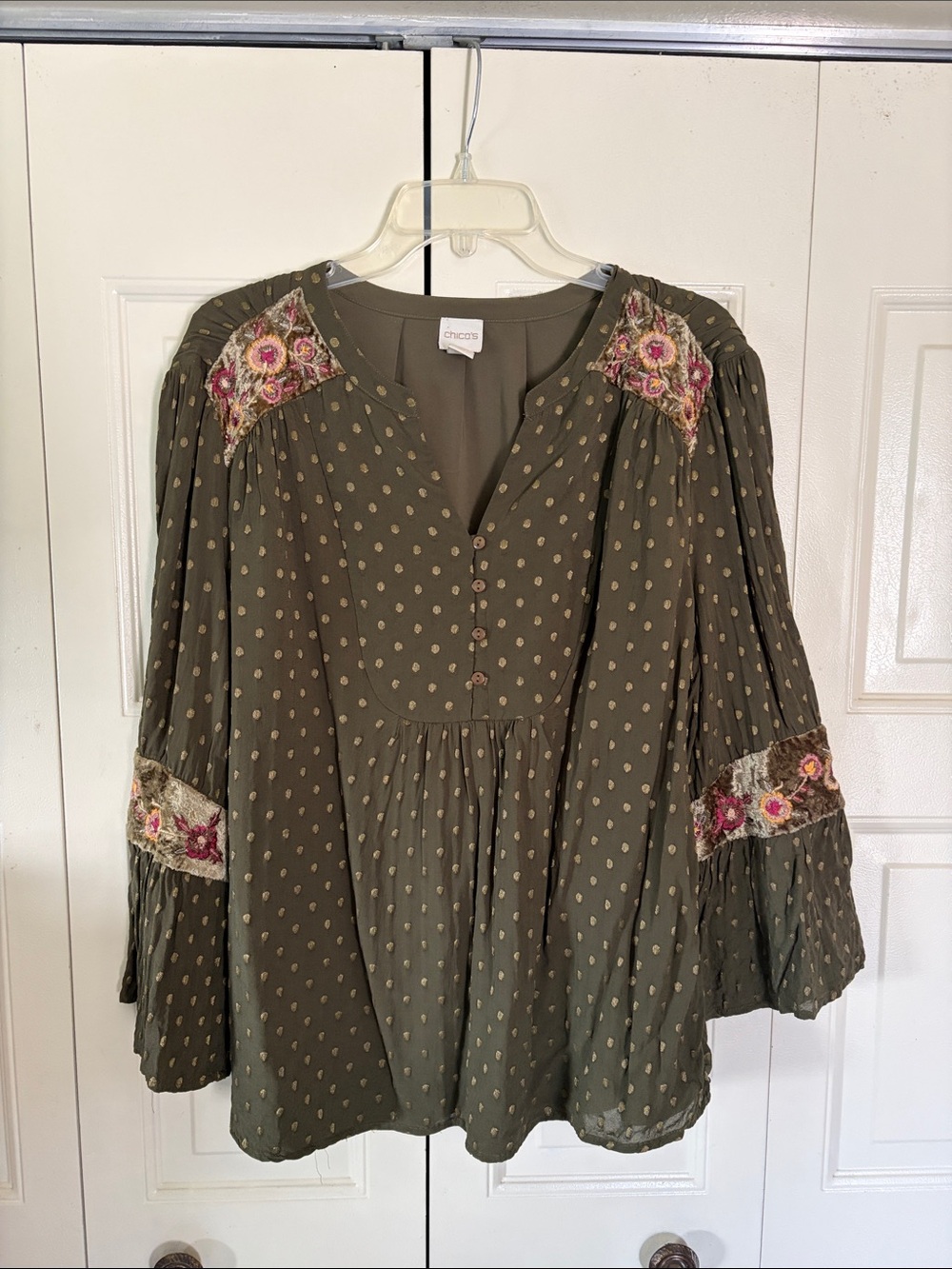 Boho Cottagecore Embrodiered Ren Fair Top Velvet Dots Chicos Polka Dot Velvet XL